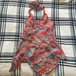 BCBG Maxazria 100% silk orange teal tiered asymmetrical halter tank size xs